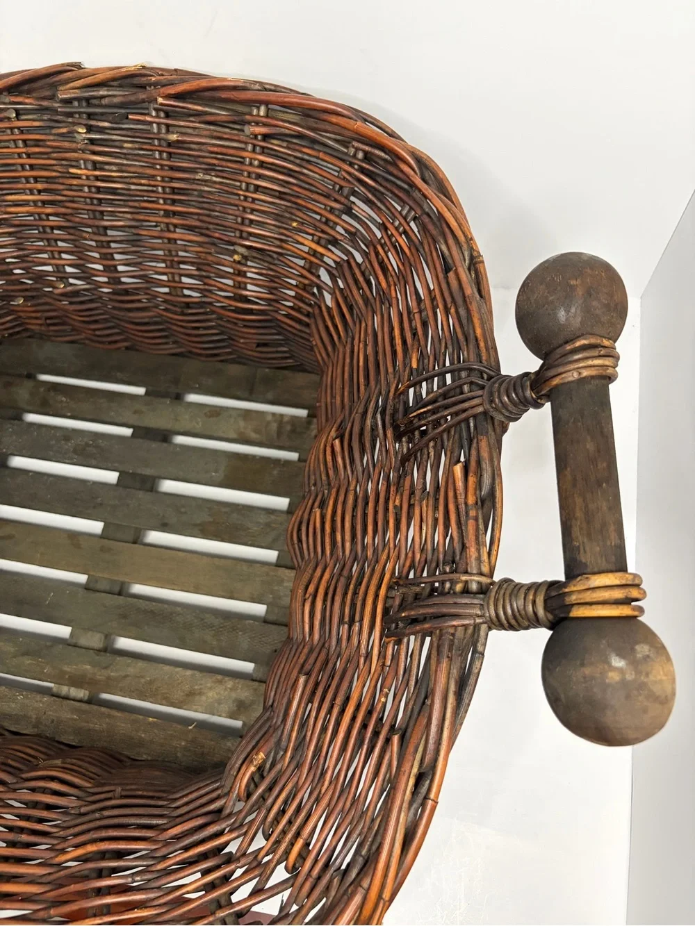 Large Wicker Willow Basket Turned Wood Handles Slat Bottom Rustic Farmhouse